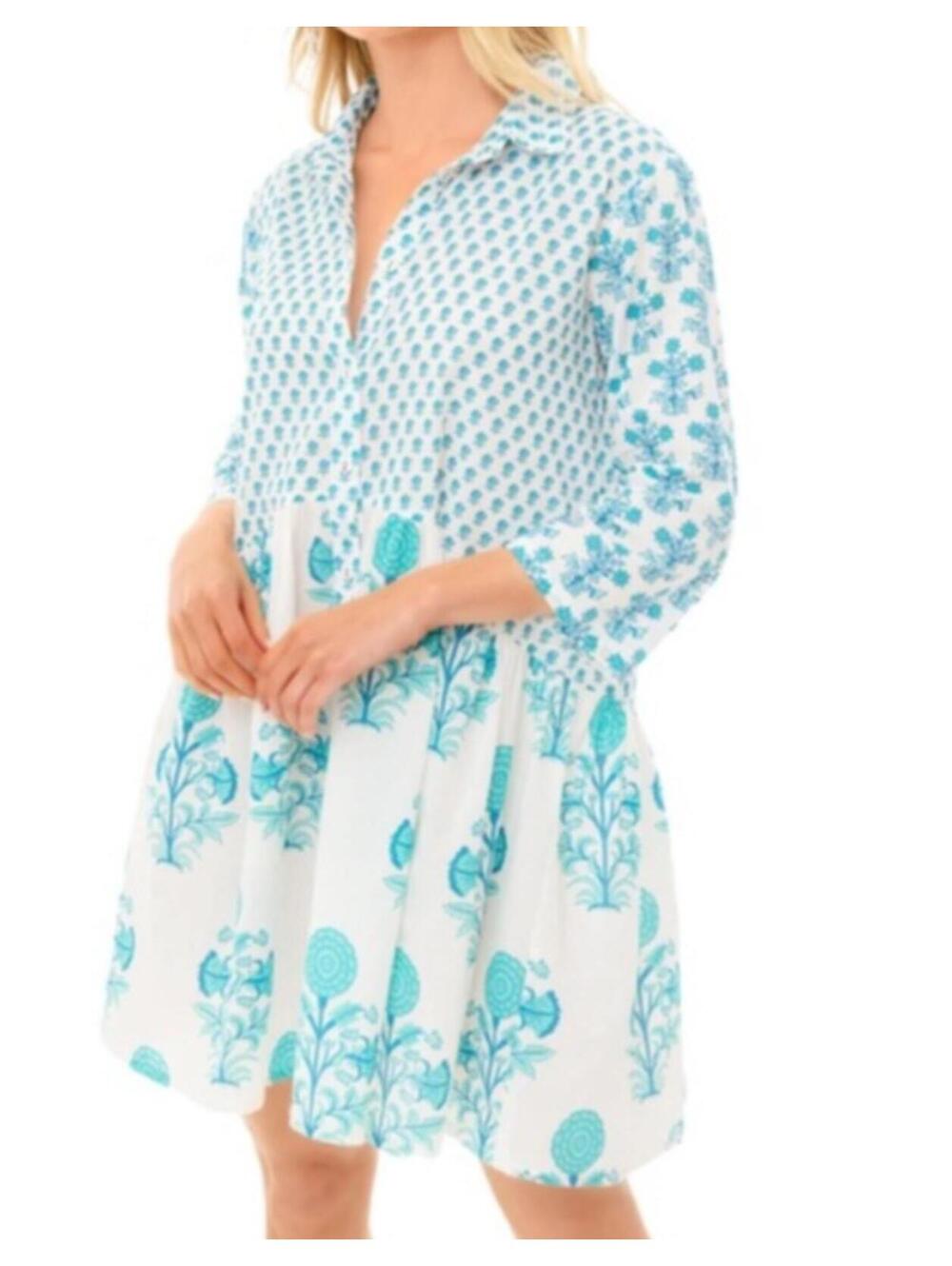 RO'S GARDEN white blue long sleeve mini dress sz XS